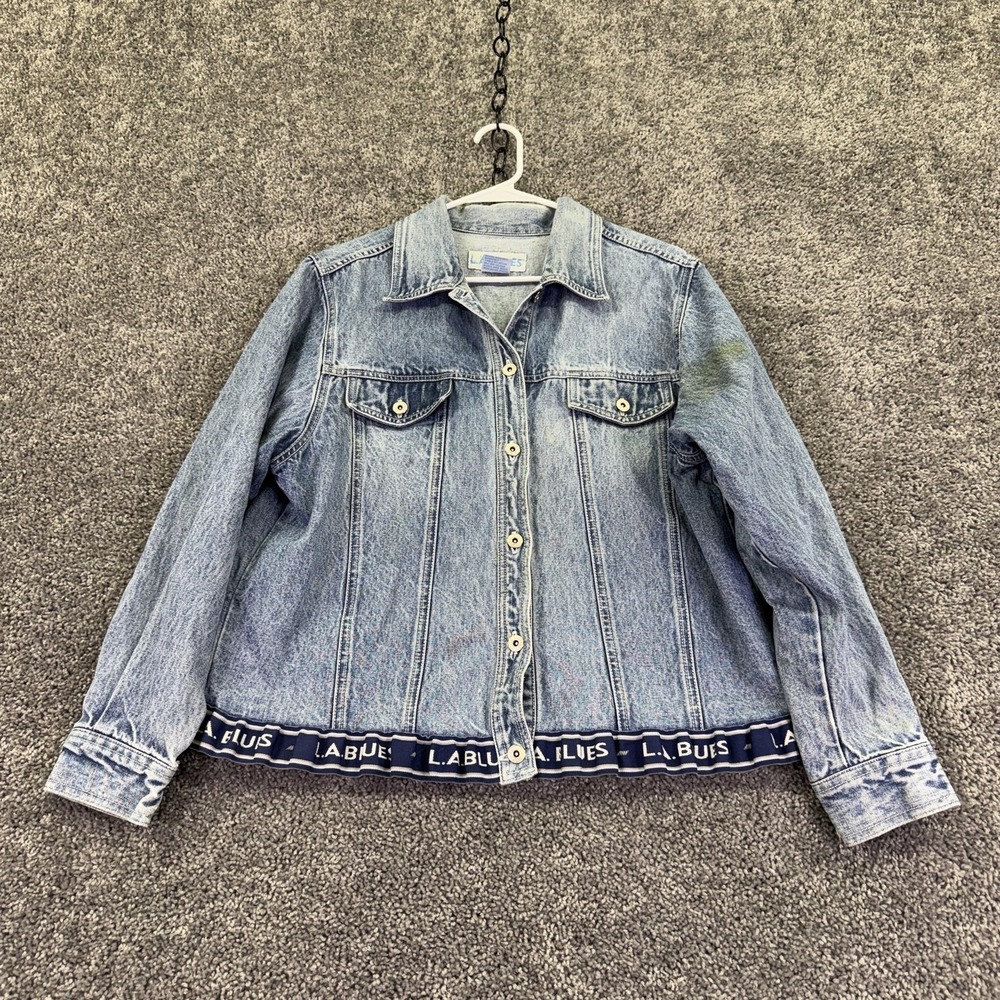 L.A. Blues Jacket Womens Medium Blue Denim Button Front Elastic Ruffle Hem